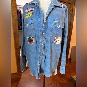 Wrangler Blue Denim Shirt with Colorful Racing & Rodeo Patches